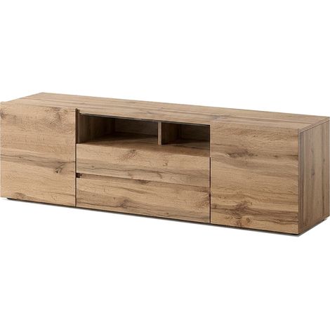 Mobile TV In Melaminico Con LED Integrati 2 Ante Battenti 1 Anta A Ribalta E Vani A Giorno Design Moderno Nordico Per Soggiorno Salotto Zona Living 137 X 45.5 X 33 Cm Rovere (1/5)