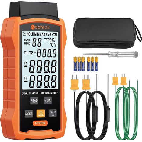 Thermomètre Thermocouple Numérique Type K J 2 Canaux -501300℃ Haute Précision avec 4 Sondes et Stockage 99 Données, Écran LCD Rétroéclairé pour HVAC Industriel Laboratoire Four Réfrigérateur (1/5)