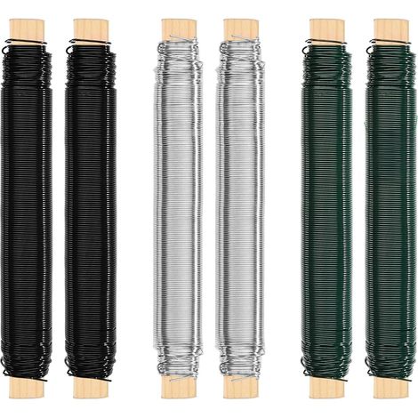 Set mit 6 Blumendrähten, 0,7 mm x 40 m, Bindedraht, Spiraldraht, für Bastelarbeiten, Blumenarrangements, Dekoration und Gartenarbeit, verzinkt, grün/schwarz/silber
