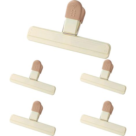 Lot de 5 pinces en plastique pour sachets de goûter, résistantes, hermétiques et réutilisables, de couleurs assorties, pour la maison, la cuisine et les voyages. Idéales pour les en-cas.