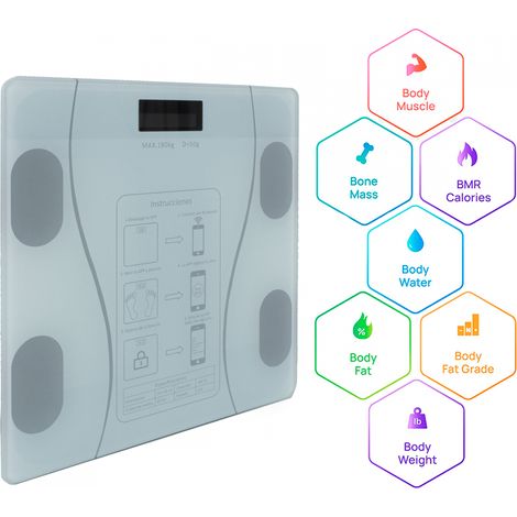 Mediawave Store – Pèse-personne numérique intelligent – Mesure de la graisse avec application – Verre et acier – Compatible iOS et Android