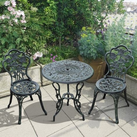 Ensemble bistrot 3 pièces en aluminium moulé, motif floral et finition vert antique, pour balcon et terrasse, 2 places, style décoratif  CHICFURN (1/5)