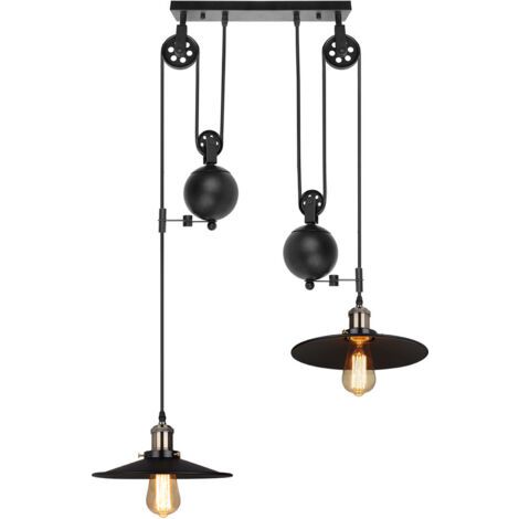 royaluxe- Lampe À Suspension Vintage Lustre À Poulie Rétro Antique 2 Lumières Suspension Luminaire En Métal Noir Douille E27, Plafonnier D'Intérieur (1/4)