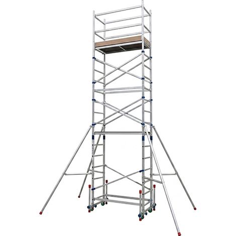 Matisère – Échafaudage aluminium dénivelé – Hauteur de travail max 6.90m – 4 roues avec freins – Garde-corps sécurisé 1.30m