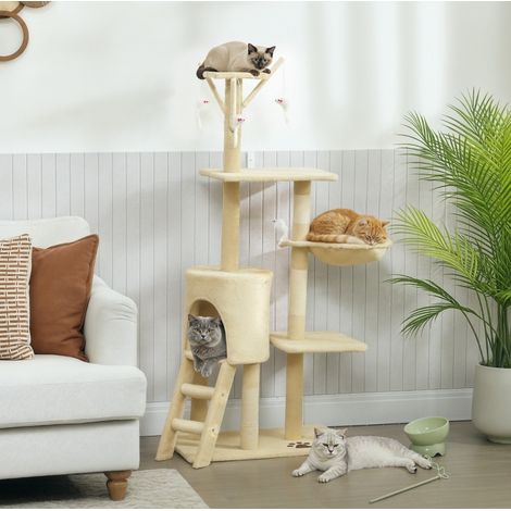 Árbol rascador para gatos 60x35x134 cm beige con nicho, juguetes y escalera – MEUBLIV (1/5)