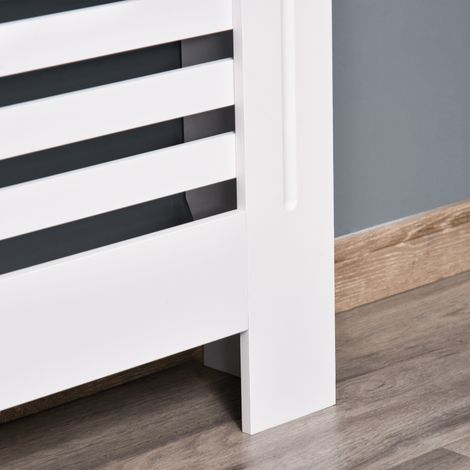 Panneau en bois blanc pour radiateur, style contemporain avec dispositif anti-renversement, tablettes et plateau de rangement, dimensions 112x19x81 cm