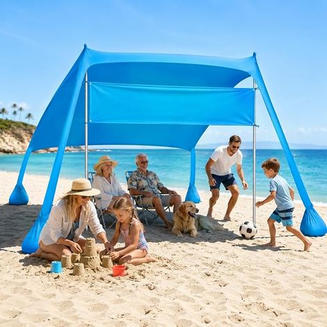 Beach Tent Sunshade Portable Canopy Aluminum Poles Sand Bag Anchors Outdoor Shelter for Beach Camping Picnic Blue (1/4)