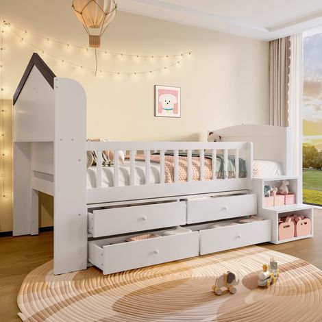 MEUBLIV Lit mi-hauteur 90x200 cm blanc – escalier de rangement, LED, sans matelas (1/5)