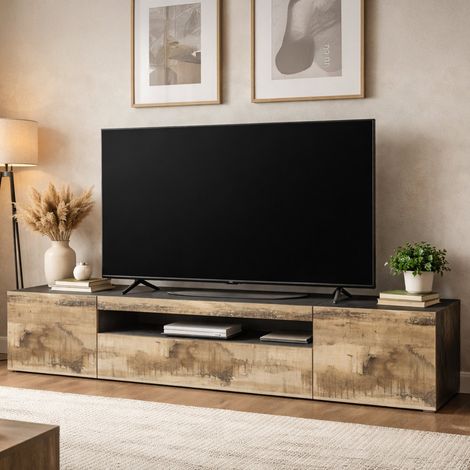 Dmora Mueble para TV para salón, Made in Italy, Mueble para TV de estilo industrial con 3 puertas y estantes, cm 200x40h37, color pizarra y arce, con embalaje reforzado (1/5)