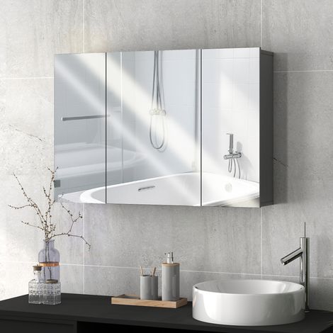 Armario de pared para baño con 3 puertas con espejo y estantes ajustables en MDF gris, dimensiones 90 cm de largo x 15 cm de ancho x 60 cm de alto.