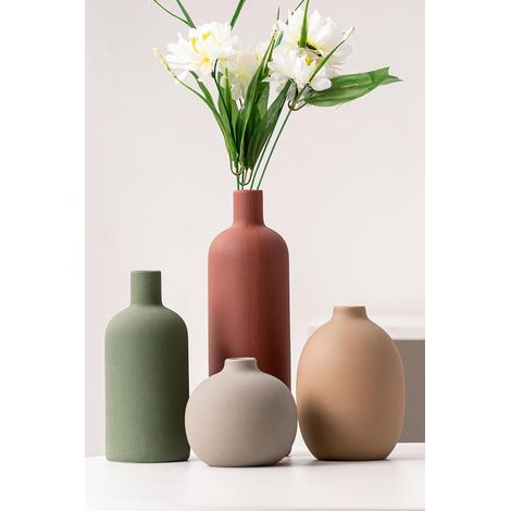 Lot de 4 Vase à Fleurs en Céramique, Petits Vases Pampa pour Décoration, Centre de Table Mariage, Bureau (Rouge/Vert/Marron foncé/Gris)