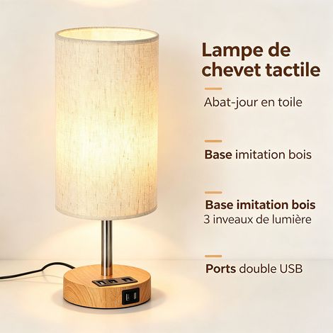 Lampe de table design bois et toile de lin, interrupteur tactile 3 intensités, 2 ports USB, ampoule tactile fournie, 39 x 12 cm - Naturel (1/5)