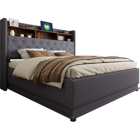 Lit Coffre Double avec LED, USB et Rangement Tete de Lit 180 x 200 cm, sans Matelas, Gris (1/5)