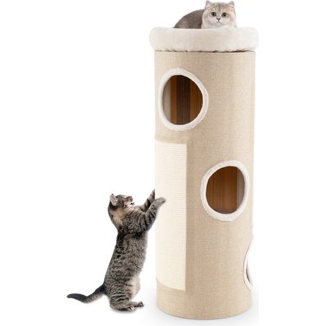 Rascador para gatos de 4 niveles 43 x 43 x 113 cm escondite seguro con cama extraíble diseño moderno felpa blanca 200015284