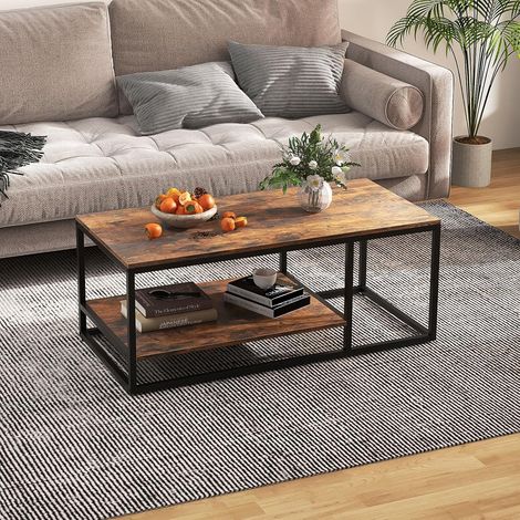 GOPLUS Table Basse Salon 2 Niveaux avec Étagère de Rangement, Tablle Basse Bois Industriel Cadre en Métal, Charge 90+20 KG 105 x 50 x 42,5 cm Marron Rustique (1/5)