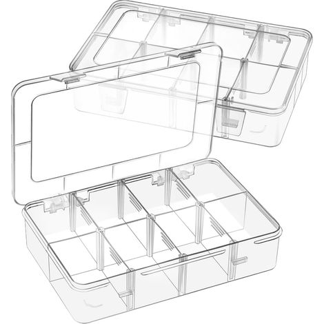 Boîte De Rangement À Compartiments - 8 Cases - PP Transparent - Couvercle À Fermoir Double - Diviseurs Amovibles - Pour Bijoux Petites Pièces Électroniques - 2 Pièces (1/5)
