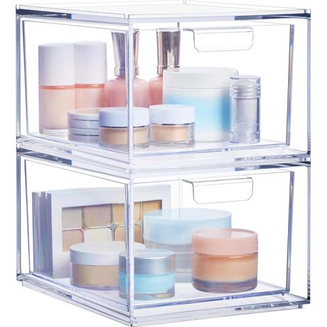 - Lot de 2 tiroirs empilables pour produits cosmétiques - 11,4 cm de haut - Transparent (1/5)