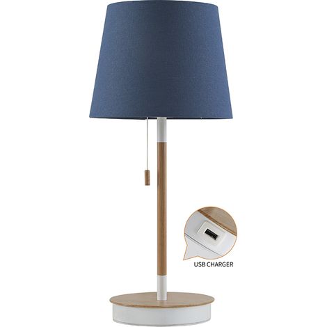 LAMPARA DE MESA MADERA AZUL CON CARGADOR USB E27