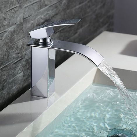 Robinet de salle de bain cascade, robinet de salle de bain en laiton, robinet de lavabo pour salle de bain, robinet mitigeur de vanité en argent chromé