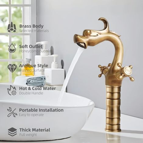 Robinet dragon rétro double manette – Bronze vieilli, laiton ancien – Eau chaude/froide pour lavabo signature