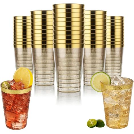 330 ml hochwertiger wiederverwendbarer Plastikbecher mit Goldrand – 50 BPA-freie, elegante Becher für Hochzeitsfeiern, Geburtstage und Cocktails – waschbarer, wiederverwendbarer Plastikbecher für Pick (1/5)