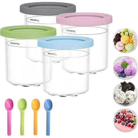 4 contenants à glace, bols dessert pour machine Creami, avec couvercles et 4 cuillères, lavables au lave-vaisselle, réutilisables, pour savourer gelato, milkshakes et sorbets (1/5)