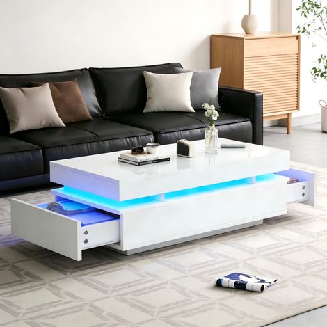 Table basse 100 x 50 x 35 cm avec 2 tiroirs, table d'appoint LED laquée brillante, table à thé, table console, table de salon, table basse, blanche