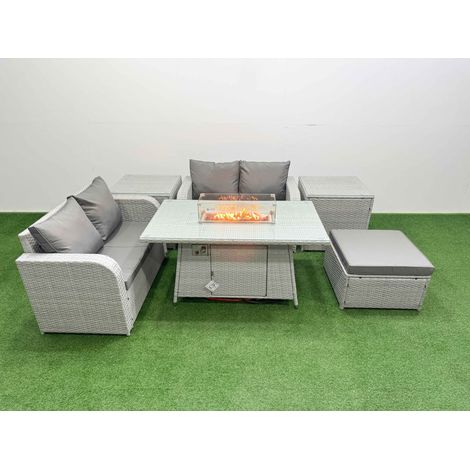 Fimous 5 Seater Outdoor Love Sofa Set Rattan Garden Furniture Set with Firepit Dining Table Big Footstool 2 Side Tables Light Grey (1/4)