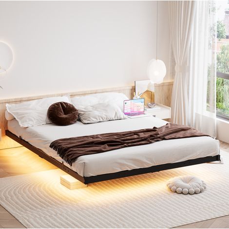 Cama flotante 140x190 cm negra de metal con somier, LED y estación de carga (1/5)
