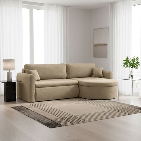 Ecksofa Schlafsofa FELIZ Stoff Quelle Beige Ottomane Rechts