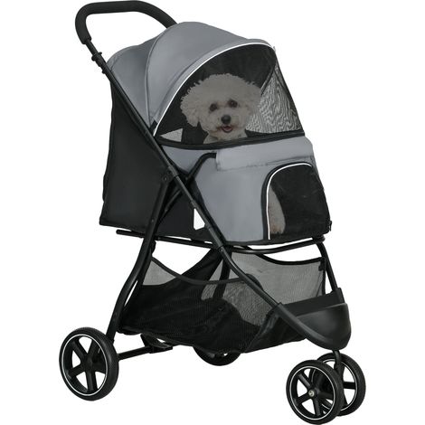 Poussette pour chien chat animaux compagnie pliable 2 laisses roues EVA guidon réglable panier 83 x 55 x 101 cm gris