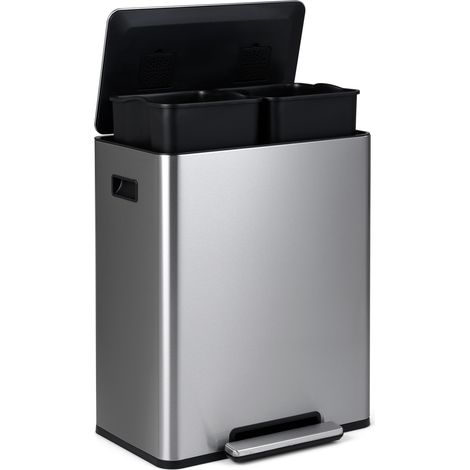60L Poubelle de Cuisine à Pédale en Acier Inoxydable, 2 Compartiments, Tri Sélectif, Seau Intérieur Amovible, Couvercle à Ouverture Douce, Argent (1/5)