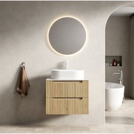 Mobile bagno sospeso in ceramica e pietra sinterizzata bianco e rovere chiaro, 60 cm, con 2 cassetti soft-close (1/5)