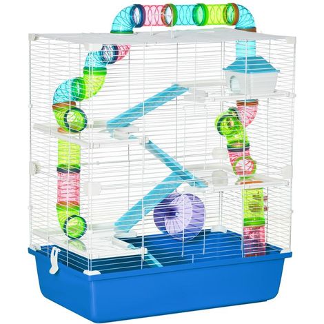 Cage pour hamster bleue 59x36x69 cm avec tunnel, plateformes, gamelle, biberon et roue, habitat spacieux et complet pour rongeurs