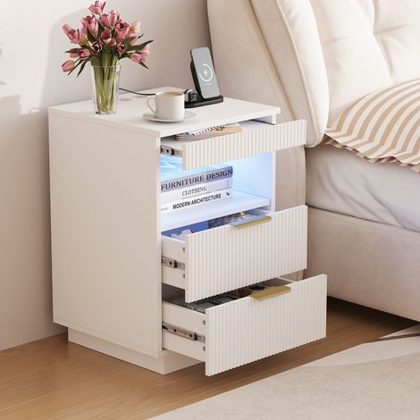 Pack de 2 mesitas de noche con puertos USB e iluminación LED, 2 cajones + hueco abierto, diseño acanalado, mesillas auxiliares modernas para dormitorio y salón, blanco (1/5)