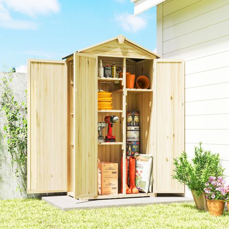 Armoire de jardin à 3 portes avec 4 étagères et crochets. En bois de sapin. 93 x 53 x 168 cm. Couleur bois.