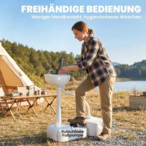 Lavabo de camping avec réservoir de récupération, distributeur de savon, réservoir d'eau de 17 L, mobile, gris clair (1/4)