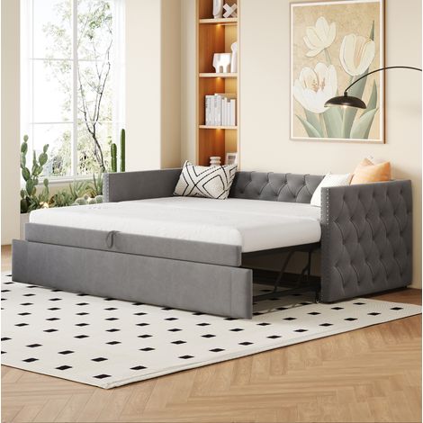 Cama sofá tapizada clásica 90x200 cm en terciopelo gris, extensible, con cabecero lateral capitoné y somier de láminas (1/5)