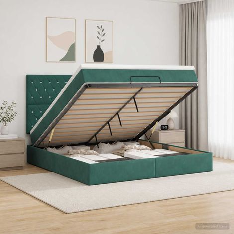 vidaXL Lit coffre avec matelas et LED Vert foncé 140 x 200 cm Velours (1/5)