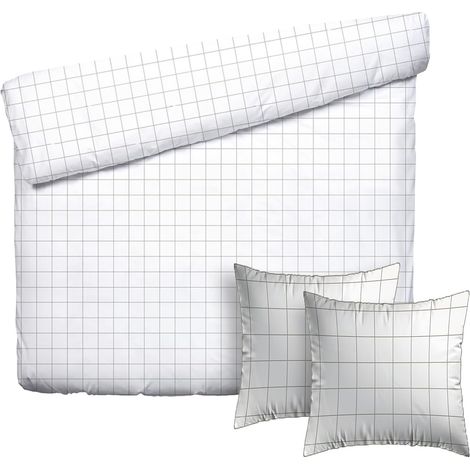 Parure 3 pièces, Housse de Couette 260x240 + 2 taies 63x63, Satin de Coton TC200, 120 g/m², Blanc/Taupe (1/5)