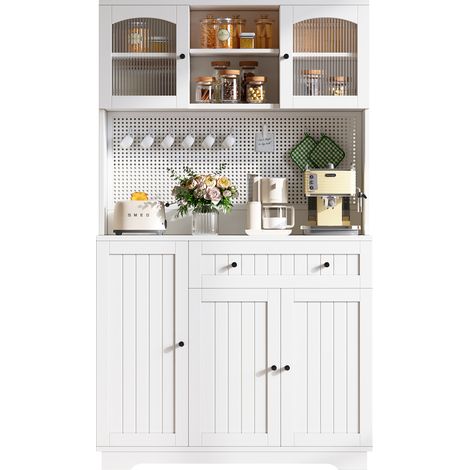 Buffet de Cuisine avec Vitrine, Tiroir, Étagères Réglables et Panneau Perforé, Blanc 103.5 x 40 x 180 cm (1/5)
