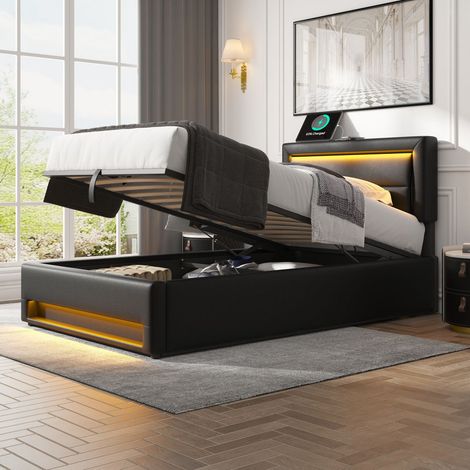 Lit simple 90x190 cm en pu avec USB et éclairage LED,lit coffre avec espace de stockage et sommier à lattes pour enfant/adulte,noir (1/5)