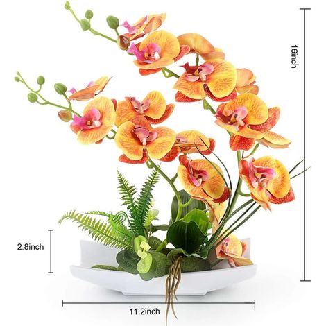 Realistisch wirkende künstliche orangefarbene Orchidee, dekorativer blühender Bonsai mit Topf in Porzellanoptik, synthetische Phalaenopsis für die Innendekoration, fertiges Blumenarrangement zum Versc (1/4)