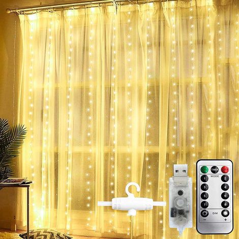 MINKUROW Stringa Di Luci Per Tende, 300 Led 3 M x 3 M, Lucine Per Interni, Interfaccia Usb/Ip44 Impermeabile/8 Modalità Di Illuminazione/Spazio Vuoto Caldo, Decorazione Della Stanza Vari Festival (1/5)