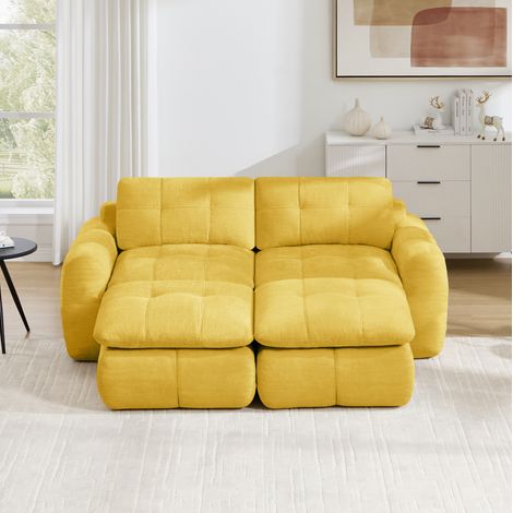 Divano modulare a 2 posti 194x160x68 cm, con 2 pouf, senza montaggio, combinazione flessibile, chenille giallo (1/5)