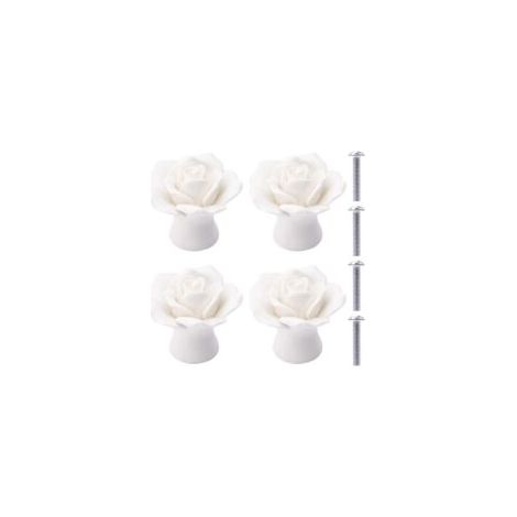 Boutons en Céramique 4 Pièces Boutons de Tiroir en Céramique Fleur de Fleur Ros Boutons de Meubles Rose en Porcelaine pour Tiroirs Armoires Portes de Placard (Blanc) (1/5)