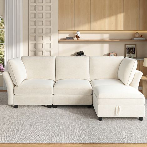Canapé d'angle modulable 4 places en tissu chenille beige avec pouf coffre de rangement, pour salon (1/5)