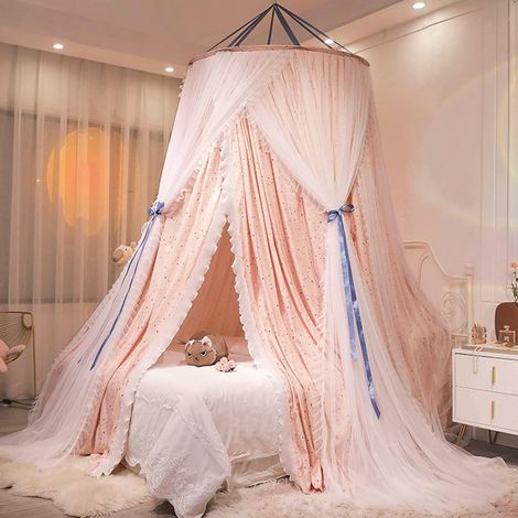 1 Ciel de lit, Double couche, Dentelle ronde, Dôme étoilé, Chambre fille et adulte