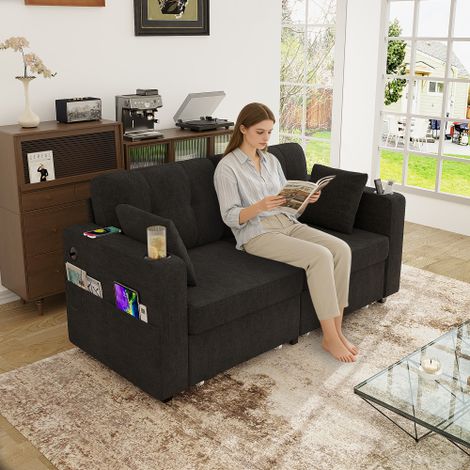 Canapé lounge – Il est doté de deux tiroirs de rangement, d'un port de chargement USB et de porte-gobelets. Idéal pour les salons, les appartements et les coins lecture.