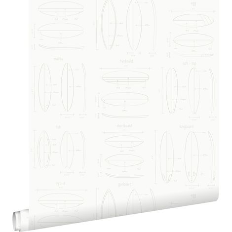 papier peint dessins techniques de planches de surf blanc et argent - ESTAhome